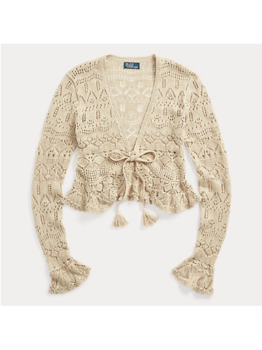 Ralph Lauren Tie-Front Crochet Cardigan Sweater Top - Beige - Picture 2 of 5